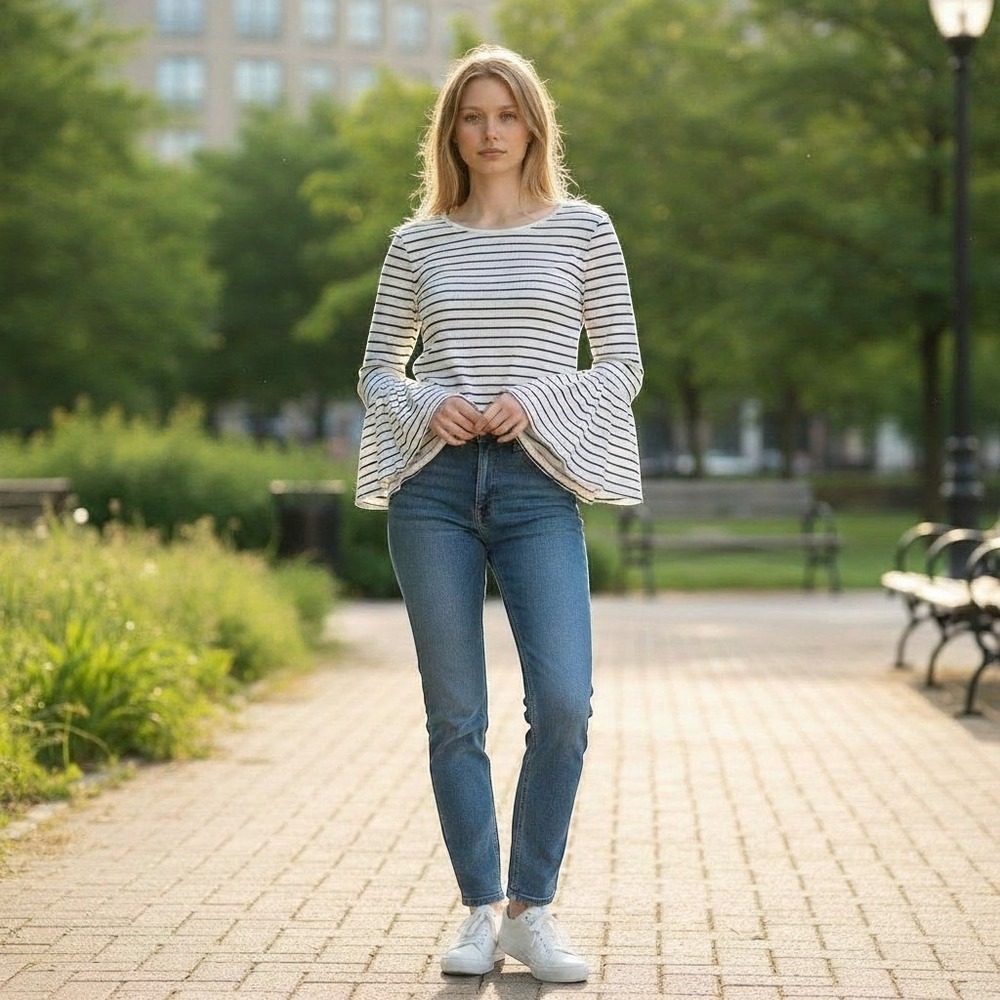 Hollister Womens S Cropped Striped Bell Sleeve Top Casual Everyday Going Out